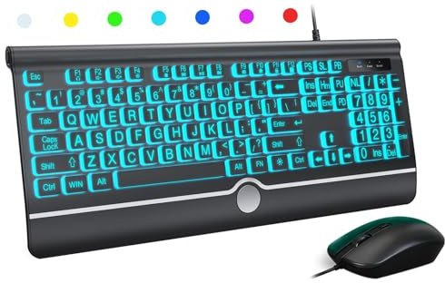 Wired Keyboard and Mouse Combo - Large Print Light Up Keyboard, USB Silent Wired Backlit Keyboard and Optical Mouse for Windows, PC, Laptop - Easy to See, USB Play and Plug