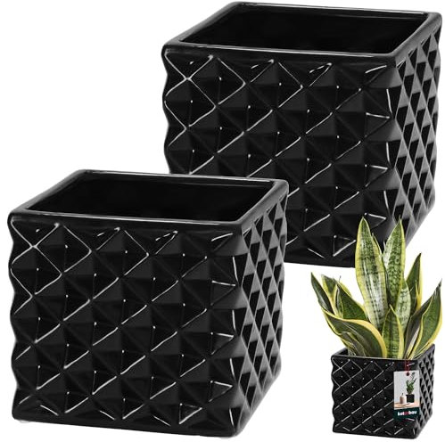 KOTARBAU® Juego de 2 macetas de cerámica esmaltada, cuadradas, color negro, 14 x 14 cm, altura de 13 cm, para plantas de interior, orquídeas y suculentas, macetas, macetas, flores, macetas, macetas