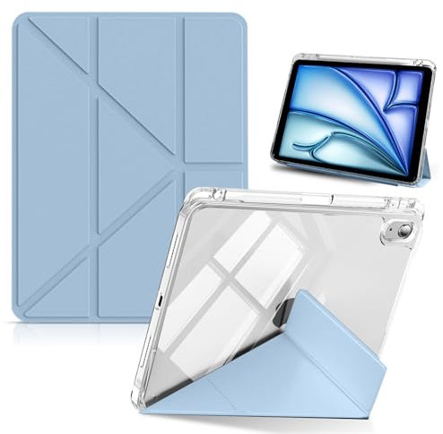 HinZann Funda para iPad Air 11 Pulgadas M3/M2 (2025/2024)/iPad Air 5ª/4ª Generación (2022/2020) 10,9 con Soporte, Cuero de PU+Funda Protección Transparente Trasera, Auto-Reposo/Activación - Azul