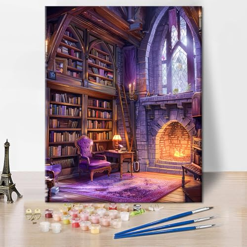 TISHIRON Maison Magique Peinture par Numéros Adultes DIY Fantasy Violet Acrylique Peinture par Numéros Kits sur Toile, Bibliothèque Peinture à l'huile pour Décoration Murale de la Maison 40x50cm