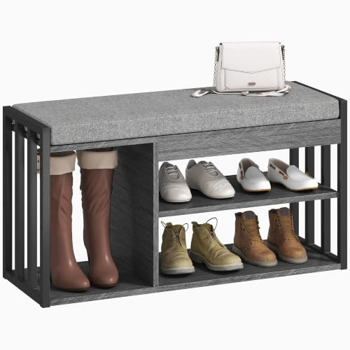 HOMCOM Schuhbank Gepolsterte Sitzfläche 3 Fächer 86 x 30 x 45,4 cm Grau | Schuhregal, Sitzbank mit Stauraum, Flurbank für Wohnzimmer, Flur