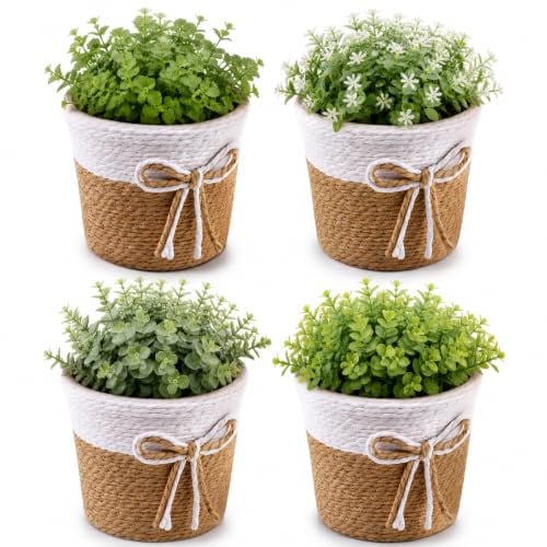Supvox 4 Stück Geflochtene Blumentöpfe aus Papierseil Rund 10,5x9 cm, Wasserdichter Pflanzkorb Übertopf für Zimmerpflanzen und Künstliche Blumen