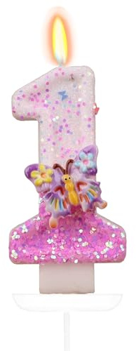 Tourima Kerze 1 Jahr Mädchen & Junge – Zahlenkerze Schmetterling Rosa Glitter, Tortendeko 1 Geburtstag, Kuchendeko Erster Geburtstag, Geburtstagskerze Kinder, Rosa Kerzen Birthday Candles