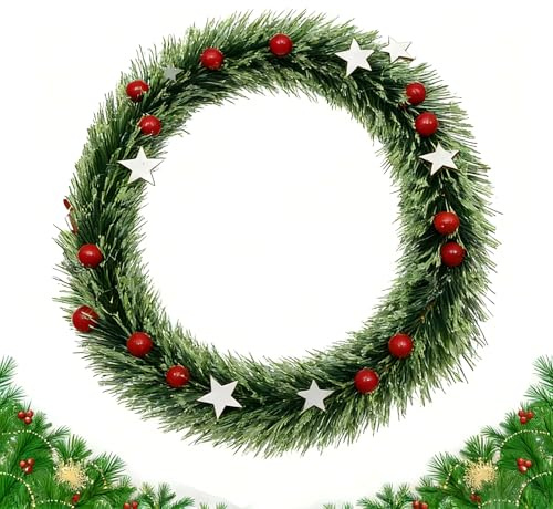 Corona de Navidad, 30cm Corona de Puerta de Navidad con Lazo Rojo Grande, Guirnalda Colgante y Adorno Navideño para Decorar la Puerta, Pared, Ventana, Árbol de Navidad o Chimenea (C)