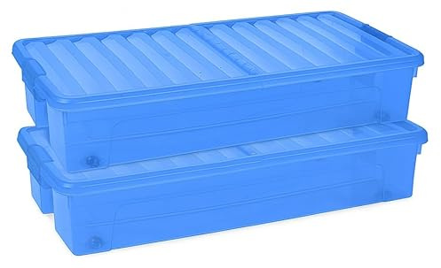 Muddy Hands Pack of 2-35 Litre Under Bed Storage Boxes with Wheels - Clear Plastic Storage Containers with Clip Locking Folding Lids - Stackable Organisers for Clothes, Bedding & Toys (Blue)