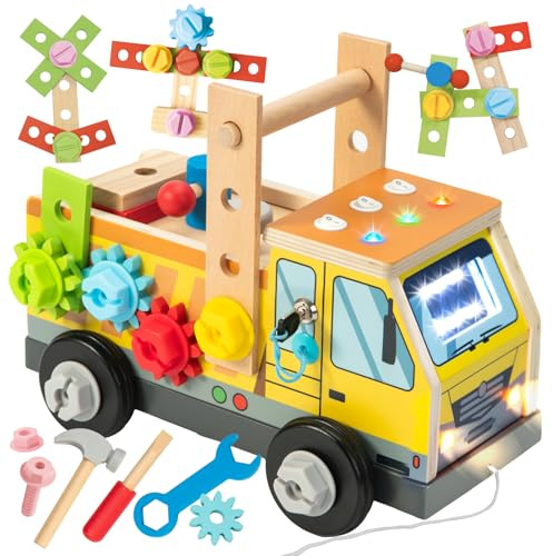 Nene Toys Montessori Busy Board LKW – FSC® Holz Werkzeugkoffer & Schraubbrett mit 3 LED-Schaltern, Schlüssel-Scheinwerfern & 8 Lichtmustern – Ziehspielzeug Motorikspielzeug Geschenk ab 2-6 Jahre