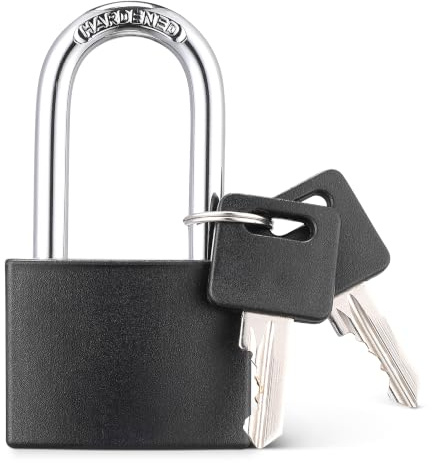 Amazon Basics Vorhängeschloss mit langem Bügel und 2 Ersatzschlüsseln, für Tore, Schließfächer und Ketten, vinylbeschichteter Stahl, 4.3cm Breite, Schwarz