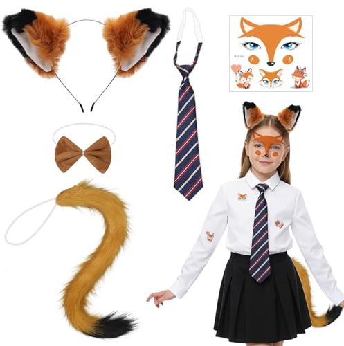 YAEGIMHT Fuchs Kostüm Kinder Erwachsene, mit Fuchsohren Haarreif, Fuchsschwanz, gestreifter Krawatte, Gesichtsaufklebern, Tierkostüm Fuchs für Karneval, Halloween