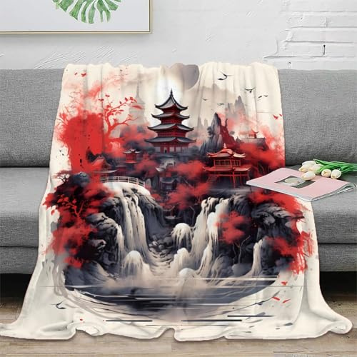 3D gedruckt Ancient Temple Fleecedecke Mikrofaser weich warm Bettwäsche Oriental Ink Painting Decke fusselfrei farbecht für Erwachsene Jugendliche Paare 60x80inch(150x200cm)