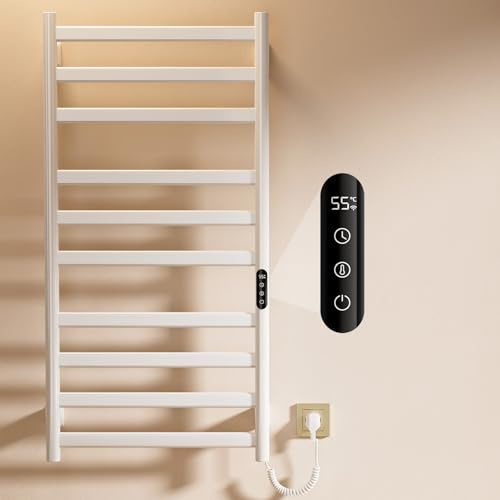 SHUGUANG Scaldasalviette Elettrico Bagno, 50 x 100cm Termoarredo Elettrico Bagno con LED Touch Screen, 0-9h Timer e 30-70℃ Temperatura, 285W Termoarredo Elettrico da Parete, IPX4, Bianco