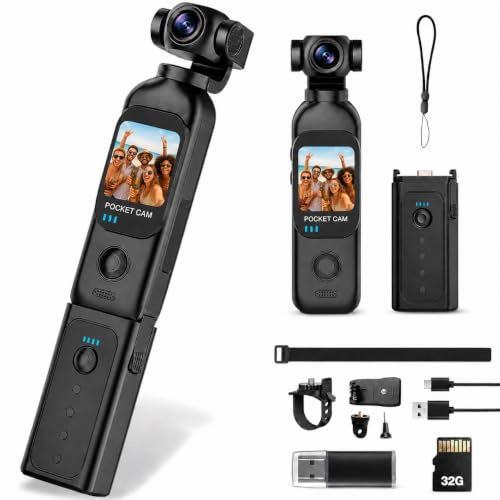 TOSBARRFT Pocket Camera for Vlogging, 1080P, Touchscreen, 32GB Card | Up to 14 h total with charging grip, face-to-camera/forward views, Wi-Fi, ready-to-use kit for trips, hikes, walks and rides
