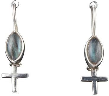Boucles d'oreilles en labradorite avec breloque en forme de croix faites à la main en argent sterling 925 avec pierre précieuse naturelle