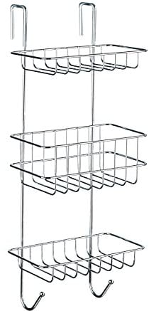 WENKO Duschregal Mod. Revigo, Badezimmerregal zum Einhängen an die Duschkabine mit drei viereckigen Ablagen in offenem Drahtkorb-Design, befestigen ohne Bohren, aus Stahl, 22,5 x 57 x 18,5 cm, Chrom