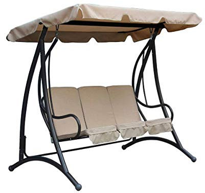 CHARLES BENTLEY 2-3 Seater, Garden, Patio, Outdoor, Swing Seat Hammock Chair, Beige, Black Frame Weatherproof, Swinging Function, Thick Seat, Back Cushion, Steel Frame, Easy To Use (119x201x170cm)