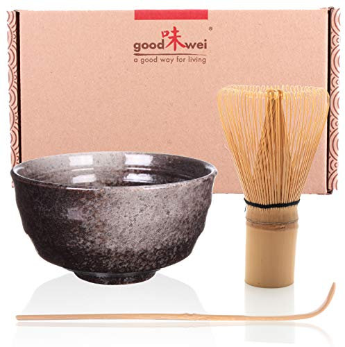 Goodwei Matcha Kit con ciotola per matcha in ceramica, frusta per matcha e cucchiaio in bambù | Matcha Set regalo per principianti (Goma)