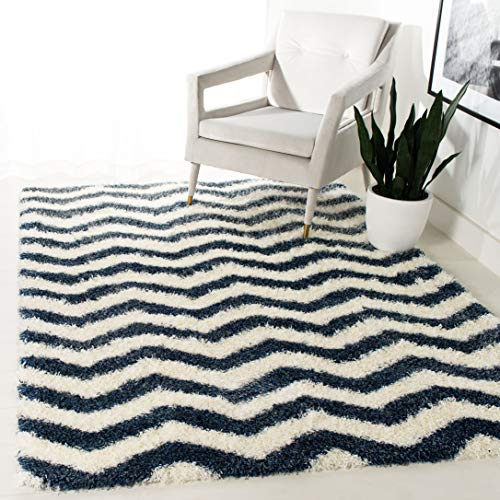 SAFAVIEH Montreal Shag Collection SGM846A Chevron Non-Shedding Living Room Bedroom Dining Room Entryway Plush 2-inch Thick Area Rug, 5'3 x 7'6, Ivory/Blue
