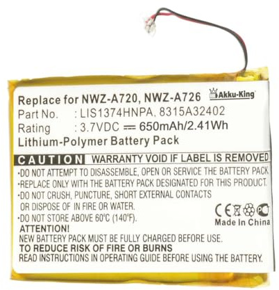 Akku-King Akku kompatibel mit Sony LIS1374HNPA - Li-Polymer 650mAh - für NWZ-820, NWZ-A720, NWZ-A726, NWZ-A728, NWZ-A729BLK, NWZ-A826, NWZ-A828, NWZ-A829