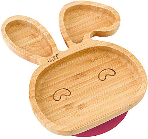 bamboo bamboo Baby and Toddler Plate with Suction Cup for Feeding and Weaning, Bamboo Bunny Plate with Secure Suction for Babies from 6 Months (Bunny, Cherry)