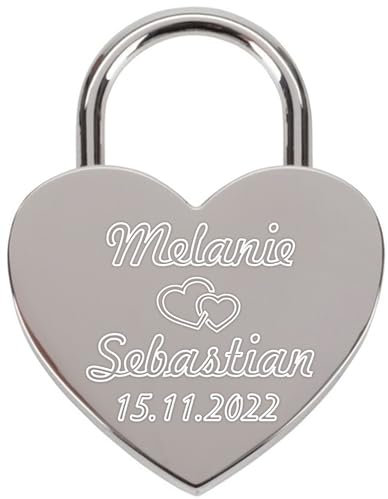 Liebesschloss mit Gravur und Schlüssel - Herzschloss Vorhängeschloss personalisiert mit Wunschtext - Pärchen Geschenke für Frauen - Jahrestag Geschenk für Sie - Partner Geschenke für Ihn (Silber)