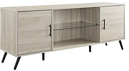Walker Edison Furniture Company Modern Stand Console with Glass Shelf Storage, fits TVs up to 65, 60, Birch