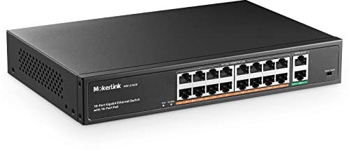 MokerLink 16 Port Gigabit PoE Switch, 2 Gigabit Uplink, 250W IEEE802.3af/at, Nicht Verwalteter Rackmount Plug and Play Ethernet-Switch
