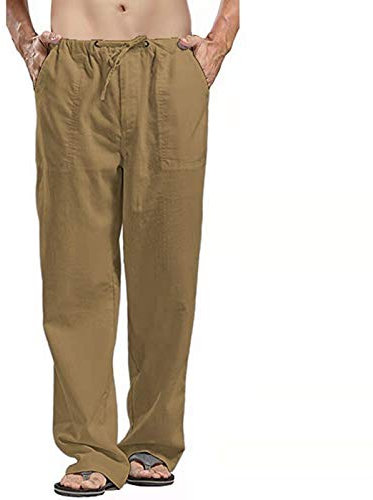 KIMODO Leinenhosen Freizeithosen Atmungsaktiv Strandhosen Herren Baumwolle Hosen mit Kordelzug Einfarbig Regular Fit Lässige Atmungsaktiv Sommerhose Loose Leichte Lange Hosen (B-Khaki, 5XL)