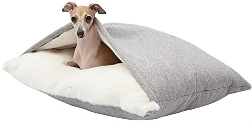 Calming Dog Cave & Cat Nest Winter Warm Sleeping Bag Soft Plush Square Hooded Bed for Dogs & Cats, Machine Washable Small Medium Dog Bed with Removable Cover