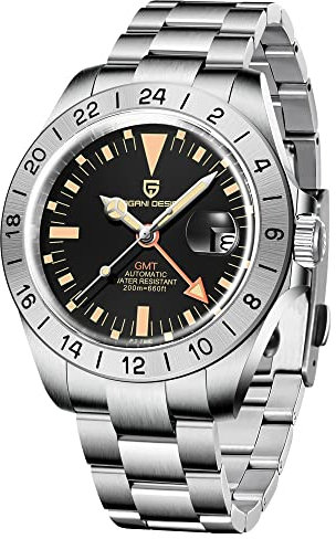 Pagani Design Herren Analog GMT Automatik Selbstaufzug Mechanische Uhr mit Edelstahl Armband PD1682 (1693 Schwarz Orange)