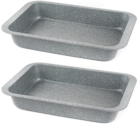 Salter COMBO-8051A Marblestone 36cm Roasting Pan, Set of 2 Non-Stick Bakeware, PFOA Free Durable Grey Carbon Steel, Meat, Fish & Vegetable Roaster, Deep Roasting Pan, Oven Safe to 220°C, Easy Clean