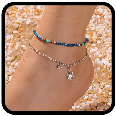 Zoestar Bracelet de cheville Boho Tortue, étoile et perles - Bijoux de cheville pieds nus pour femmes et filles