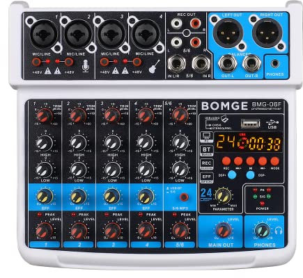 BOMGE Console mixer audio mini DJ a 6 canali con interfaccia USB, Bluetooth, stereo, alimentazione phantom 48V, 24 effetti DSP per karaoke, canto, live, streaming, recroding del pc. (bianco)