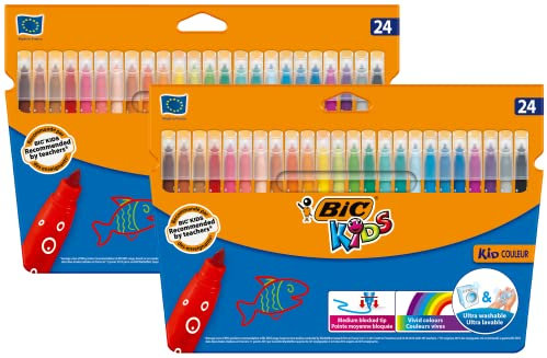 BIC Kids Filzstifte Kid Couleur, zum Malen in 24 auswaschbaren Farben, mit stabiler Spitze, im Karton Etui, ab 5 Jahre, 2x 24 Stück