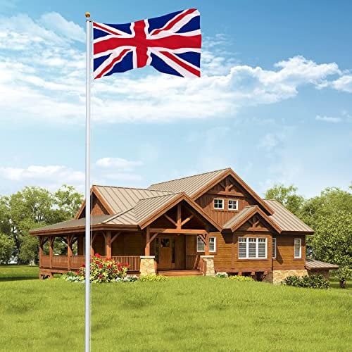 Bonnlo Upgraded 25FT Sectional Aluminum Flagpole, Thick Tube Halyard Flag Pole, Kit Free 3'x5' UK United Kingdom Flag Golden Ball Top Halyard Rope PVC Sleeve, Outdoor Residential Garden (Silver)