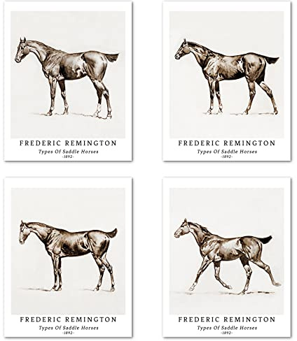 Kunstdruck Ungerahmt Klassisches Pferd Bilder Set von 4, Poster Größe: 20x25 cm Premium Kunstpapier Wanddeko Skizzieren Tier Grau Illustration Passenden Küche Deko Frederic Remington Poster
