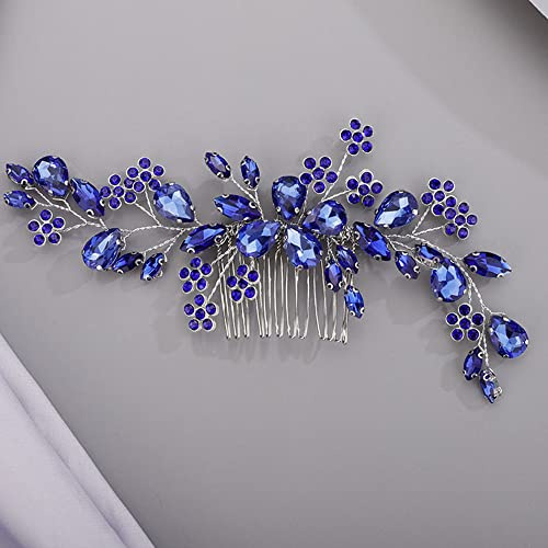 Chargances Braut Hochzeit Kristall Haarkamm Handgemachte Blume Edelstein Haar Seitenkamm Blau Strass Kopfschmuck Braut Haarschmuck für Hochzeit Abschlussball Blumenmädchen (blau)