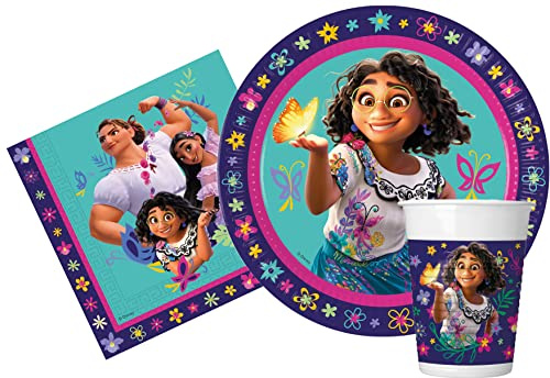 Kit Party Tavola Disney Encanto per 24 persone (88 pezzi: 24 piatti Ø23cm, 24 bicchieri 200ml, 40 tovaglioli 33x33cm)