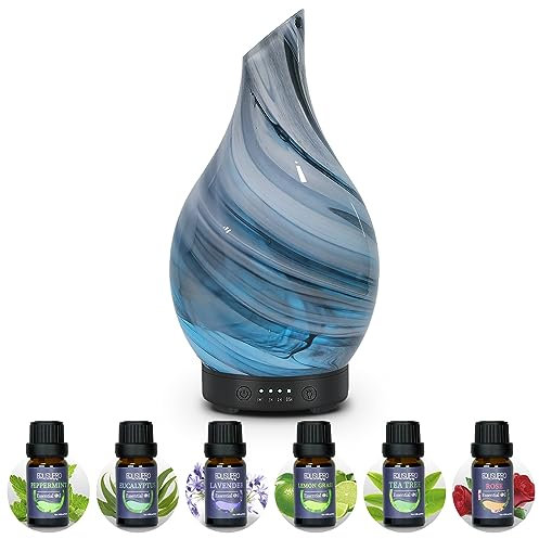 Essential Oil Diffuser 120 ML Aroma Ultrasonic Diffuser, with 6Pcs*10ml Pure Essential Oil Gift Set, Handmade Art Glass with Night Lights, BPA Free, 7 LED Lights, Waterless Auto-Off 4 Timer (Grey)
