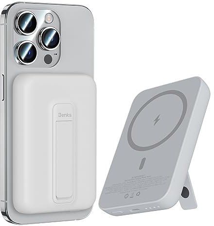 BENKS Power Bank 6000mAh, Powerbank Wireless Magnetico Compatibile con Magsafe, Caricabatterie Portatile Batteria Esterna per Cellulare con Supporto e Cavo USB C per iPhone 14/13/12 Series, Bianco