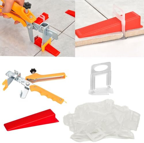 Aisamco Sistema di livellamento per piastrelle 2 mm con pinza per piastrelle, 300 pezzi di distanziatore e 100 pezzi di cunei con 1 pezzo di pinza, per l'installazione di piastrelle in pietra