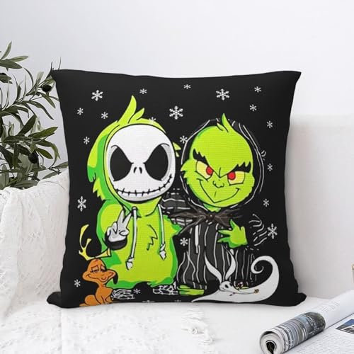 Kissenbezug Jack Skellington und Grinch Kissen The Nightmare Case Before für Bett, Couch, Sofa, Kissen, Autostuhl, individuelles Wohnzimmer, Geschenk, Kissenbezug 40,6 x 40,6 cm