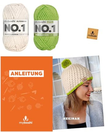 myboshi Häkelset Mütze Hekinan, Häkelset für Fortgeschrittene, inkl. No.1 Wolle, Anleitung, Label, 30% Wolle (Merinowolle) Grün ohne Häkelnadel