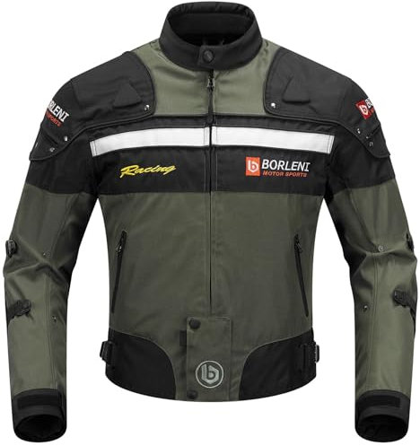 BORLENI Veste Moto 4 saison Blouson Moto Équipement de Protection Coupe-vent avec 4 Protections Vêtements Hommes Dames Vert XXL