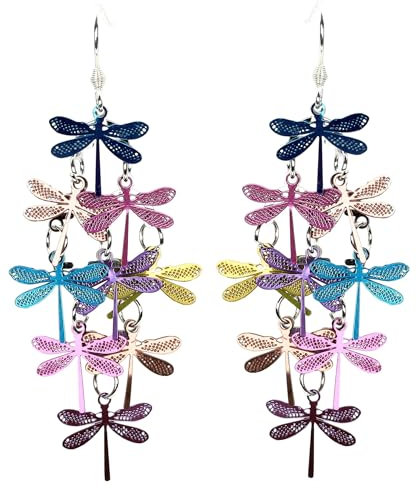 bluebubble SECRET GARDEN Dragonfly Cluster Dangle Earrings on Gift Card (Summer Rainbow Mix)