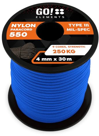GO!elements 30m Paracord de Nylon a Prueba de desgarros - 4mm Paracord 550 Typo III Cuerda - Adecuado como Cuerda Yute & Cuerda Gruesa | MAX. 250kg, Color: Azul