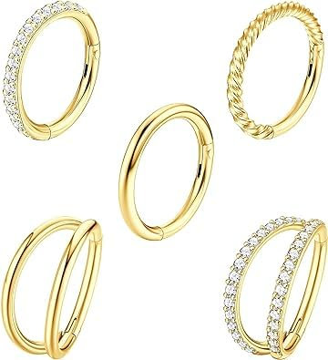 Diamday 5Pcs 18G 16G Surgical Steel Nose Rings Hoop for Women CZ Clicker Hinged Septum Ring Lip Helix Cartilage Double Hoop Earring Daith Rook Conch Body Piercing Jewelry for Women 8mm 10mm