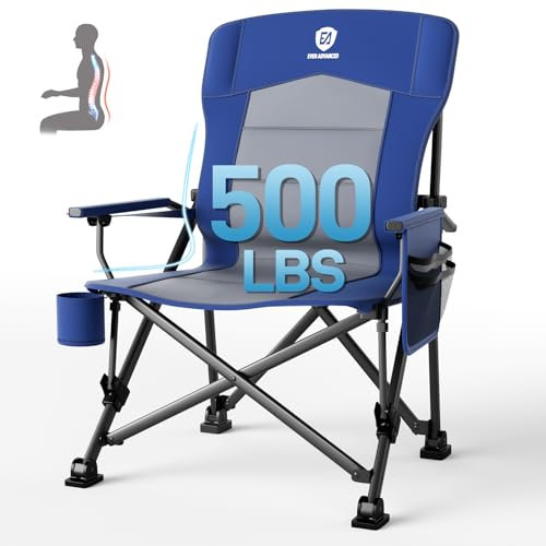 EVER ADVANCED Oversized Folding Camping Chair for Adults with Adjustable Lumbar Support, Heavy Duty Chair with Side Pockets, Portable Collapsible for Outside, Support Up to 230KG,Blue