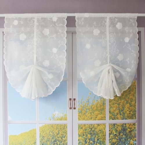 FYJS Tende da cucina fiore ricamate con filato Dolly,Tenda per Soggiorno Camera Balcone Finestra e Interni 2 Pannelli (Bianco, 60X240CM)