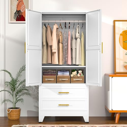 GAIOUS Metal Wardrobe Cabinet with Hanging Rod, 71 Metal Clothing Storage Cabinets with 2 Door, 1 Adjustable Shelf and 2 Drawers, Steel Armoire Wardrobe Closet for Bedroom, Gym, Cloak Room (White)