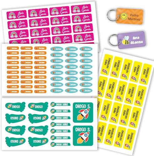 Transparent Gift Pack 110 Etiquetas Adhesivas Infantiles Personalizadas para Ropa y Objetos + 2 Identificadores de Metacrilato de Regalo. Etiquetas para Objetos y Textiles. Niños y Niñas