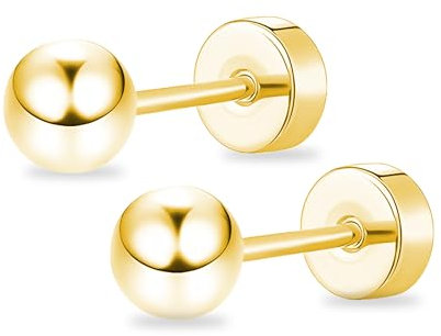 ZDE Titan Damen Ohrringe flach zurück Kugel Ohrstecker Frauen hypoallergene stecker für empfindliche Ohren 5mm flach Ohrstecker perfekt für Helix Tragus Knorpel Ohrläppchen (Gold)